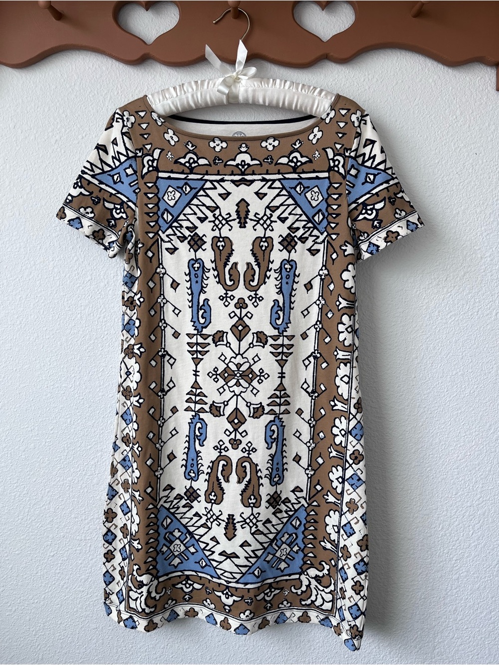 Tory Burch White, Brown & Blue Printed Shift Dress